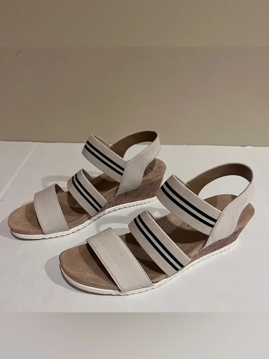 Life Stride Cream/Black Strappy Stretch Slip-in Platform Open Toe Sandals Sz 9 - Picture 2 of 14
